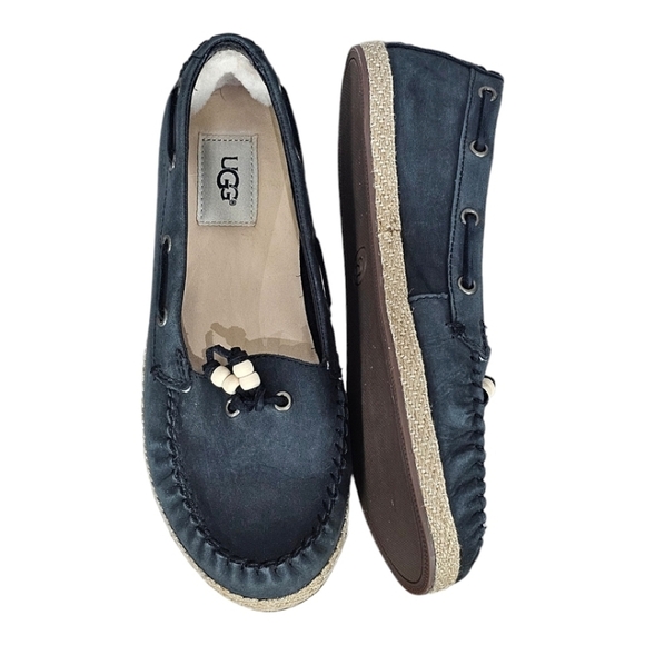 UGG Suzette Beaded Slip On Nubuck Leather Jute Sheepskin Heel Summer Moccasins - Picture 1 of 11